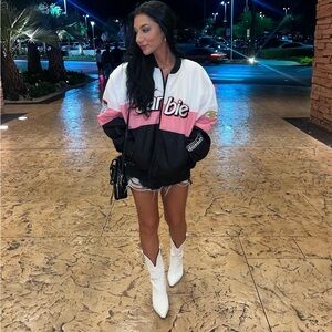 Barbie Women's Pink and Black Bomber Jacket